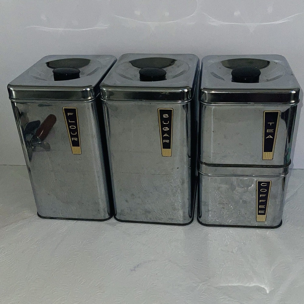 Vintage Lincoln Beautyware Chrome 4 PC Kitchen Canister Set Mid Century Modern